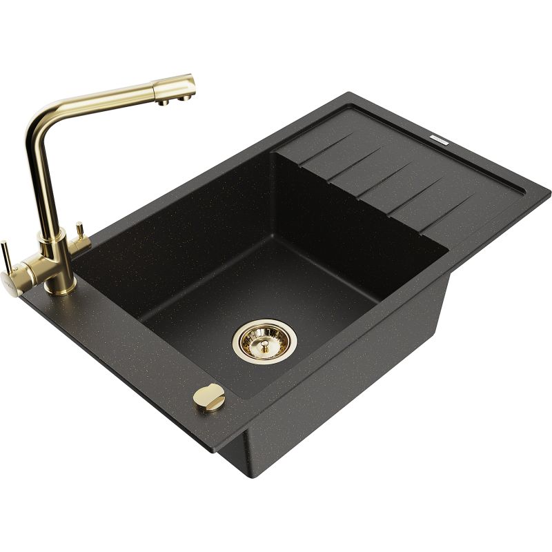 Zlewozmywak granitowy 1-komorowy Mexen Elias z ociekaczem i baterią kuchenną Duero czarny/złoty metalik 6511-75-671600-50