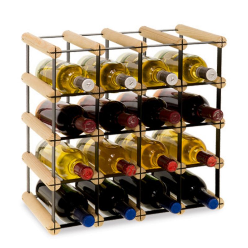 Loftowy stojak na wino MODO24 na butelki PET ekologiczny trwały na 16 butelek czarny metal drewno naturalne 1 szt.
