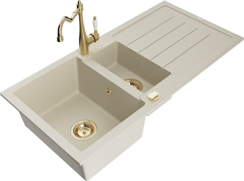 Zlewozmywak granitowy Mexen Andres 1,5-komorowy z ociekaczem i baterią kuchenną Carla beżowy 6515-69-670700-50