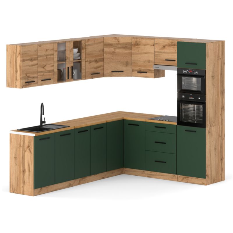 Zestaw Kuchenny Hurtownia-Mebli Z Blatem Kuchnia Marra Narozna 460cm Dąb Wotan Dąb Wotan/Butelkowa Zieleń 460x47x145 cm 1szt.