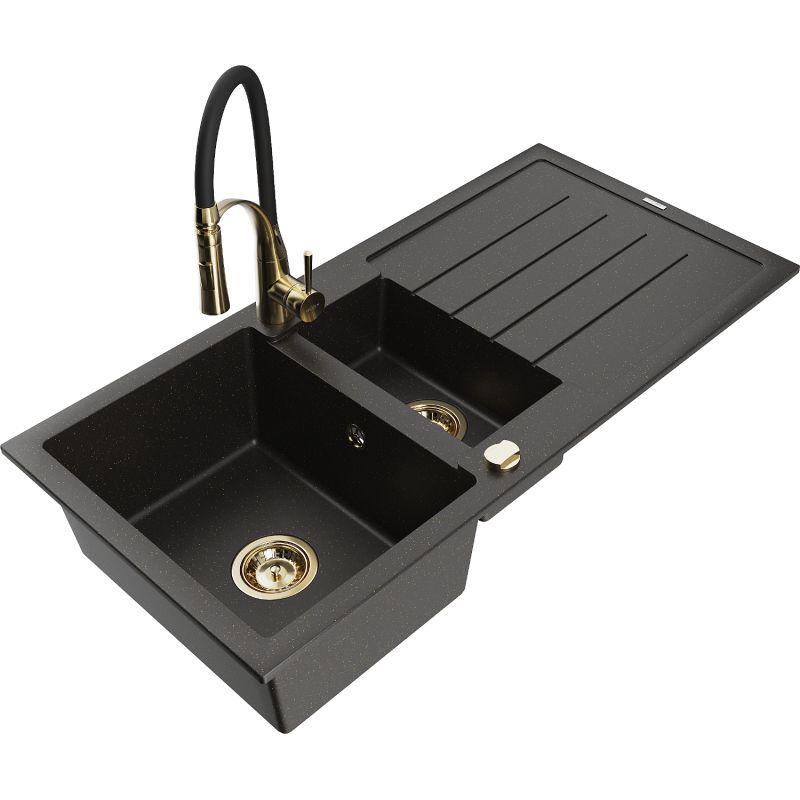 Zlewozmywak granitowy 1.5-komorowy Mexen Andres z ociekaczem i baterią kuchenną Aster czarny/złoty metalik 6515-75-73450-57-G