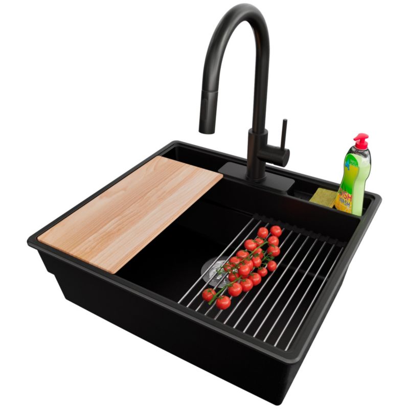 Zlewozmywak Granitowy Nowy Jork PRIMAGRAN Nablatowy 58x53cm do szafki od 60cm, Czarny + Bateria + Syfon + Akcesoria, S045, 1 szt.