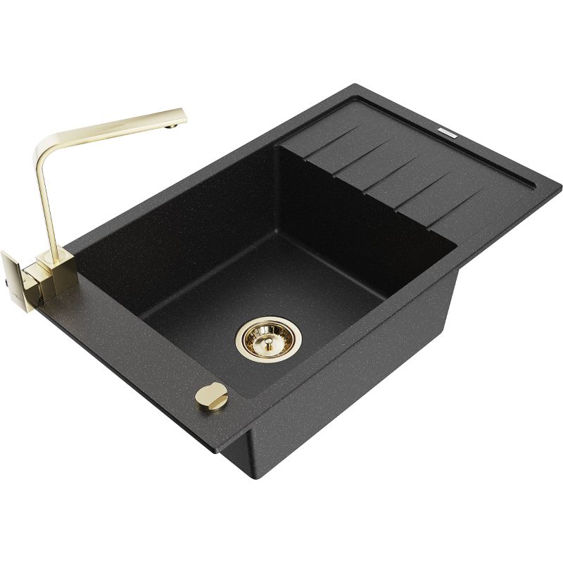 Zlewozmywak granitowy 1-komorowy Mexen Elias z ociekaczem i baterią Rita czarny/złoty metalik - 6511-75-670300-70-B 1 szt.