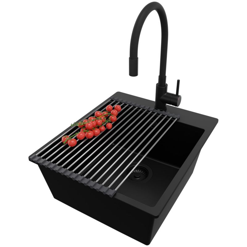 Zlewozmywak Granitowy Ryga PRIMAGRAN Nablatowy 43x50cm do szafki od 45cm z Syfonem i Baterią i Dodatkiem Cały Czarny 1 szt.