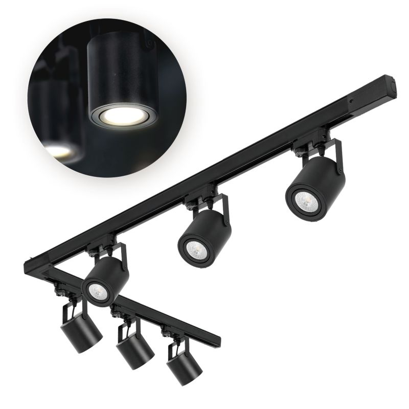 Oświetlenie szynowe 3-fazowe Kobi 6x Reflektor GU10 + Szyna 1m+2m + Łącznik L czarny 1kpl.