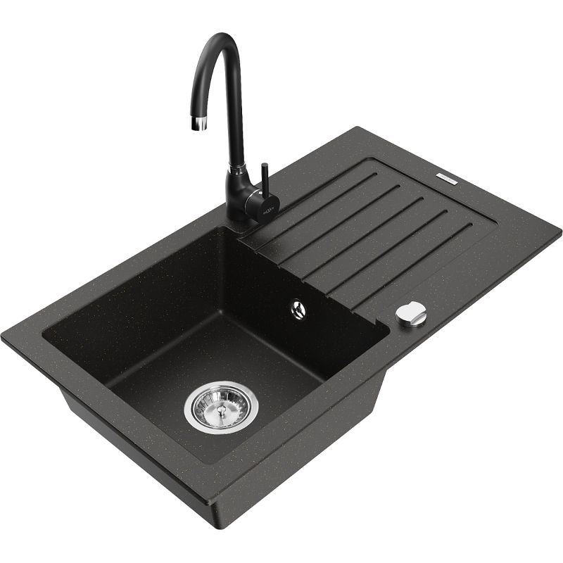 Zlewozmywak granitowy 1-komorowy Mexen Pablo z ociekaczem i baterią kuchenną Telma szary - 6510-71-670200-71 1 szt.