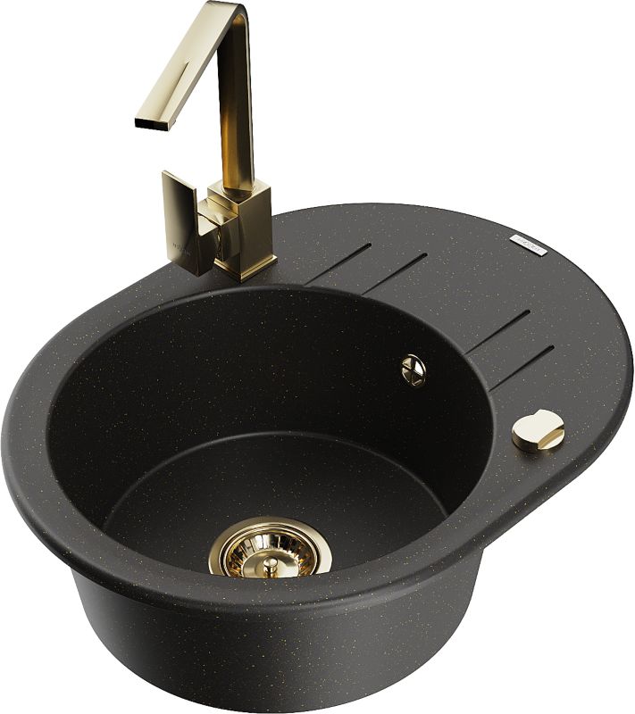 Zlewozmywak granitowy Mexen Kevin 1-komorowy z ociekaczem i baterią kuchenną Rita czarny/złoty 6517-75-670300-50