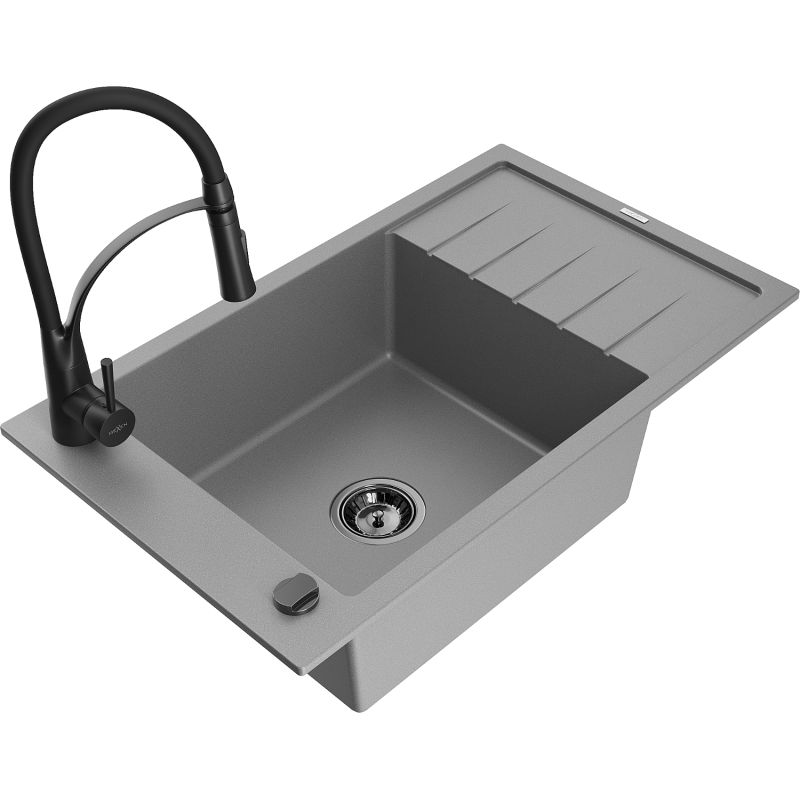 Zlewozmywak granitowy 1-komorowy Mexen Elias z ociekaczem i baterią kuchenną Carla beżowy - 6511-69-670700-00 1 szt.