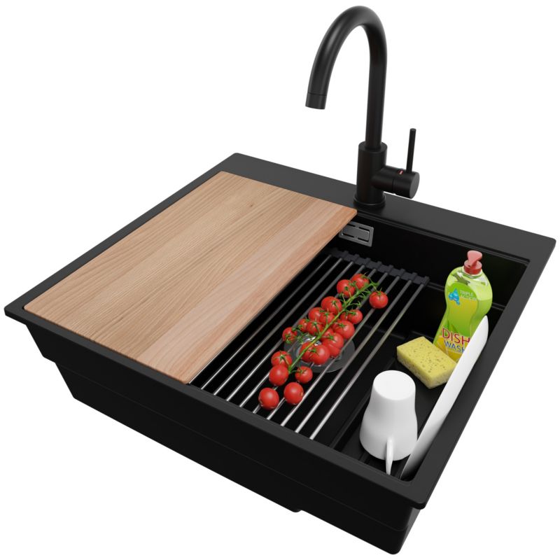 Zlewozmywak Granitowy Oslo Max PRIMAGRAN Nablatowy 58x53cm do szafki od 60cm, Czarny + Bateria + Syfon + Akcesoria, S041, 1 szt.