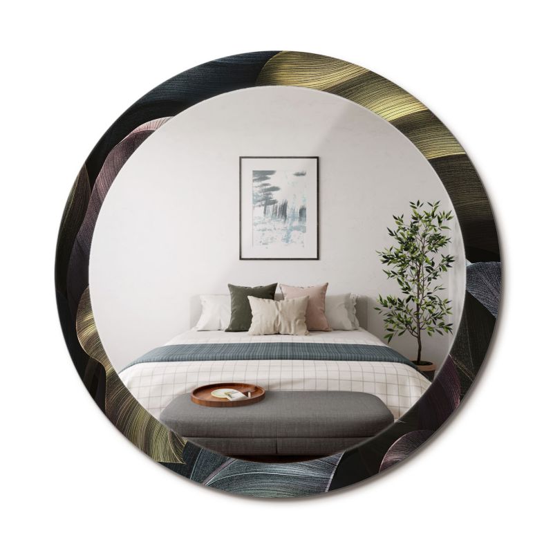 Lustro Dekoracyjne Okrągłe ArtPrintCave 90 cm Ciemne Tropikalne Liście z Drukowaną Ramką do Przedpokoju 1 szt.