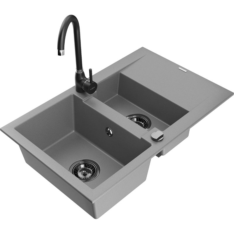 Zlewozmywak granitowy 1.5-komorowy Mexen Gaspar z ociekaczem i baterią kuchenną Telma szary 6507-71-670200-70-B