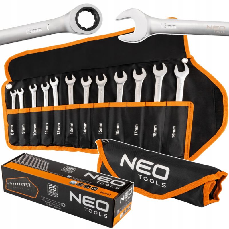 Zestaw kluczy płasko-oczkowych NEO TOOLS z grzechotką 8-19 mm 12 szt. 1 kpl