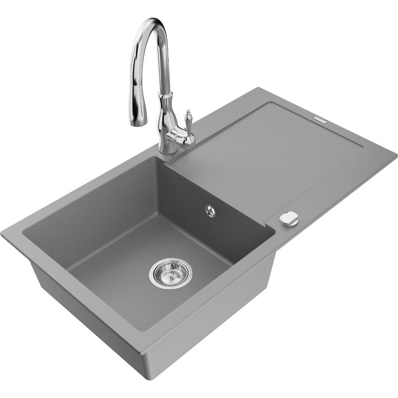 Zlewozmywak granitowy 1-komorowy Mexen Leo z ociekaczem i baterią kuchenną Savita szary - 6501-71-672601-71 1 szt.