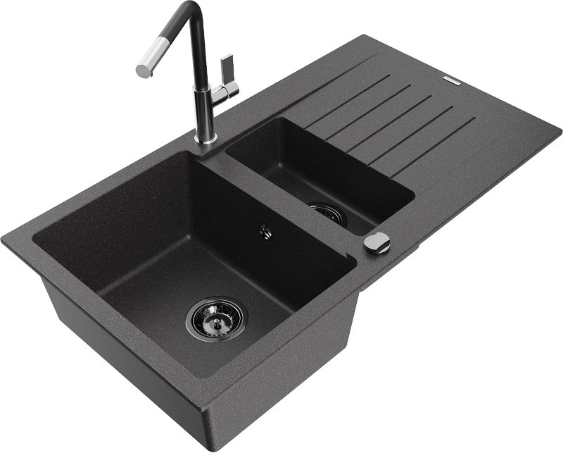 Zlewozmywak granitowy Mexen Matias 1,5-komorowy z ociekaczem i baterią kuchenną Flora czarny 6502-76-670401-07-B