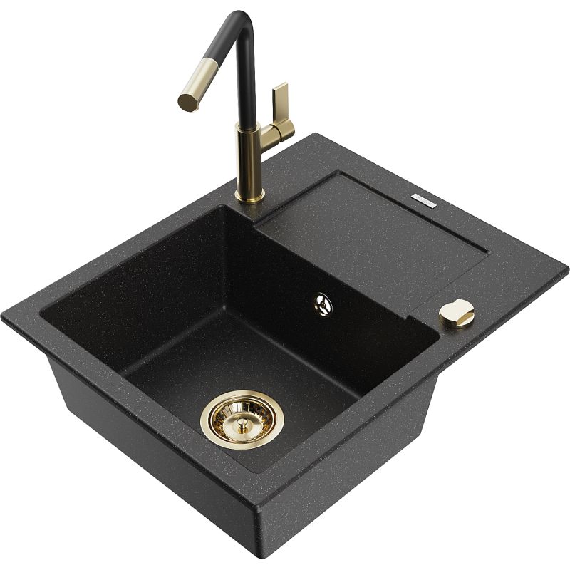 Zlewozmywak granitowy 1-komorowy Mexen Enzo z ociekaczem i baterią kuchenną Flora czarny/srebrny metalik 6506-73-670401-57-G