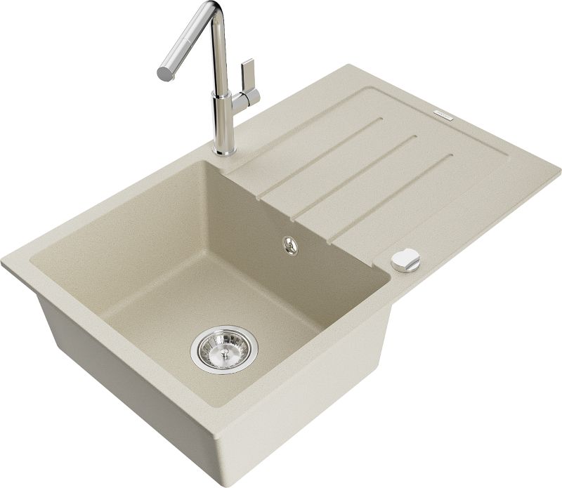 Zlewozmywak granitowy Mexen Bruno 1-komorowy z ociekaczem i baterią kuchenną Flora beżowy - 6513-69-670401-57-G 1 szt.