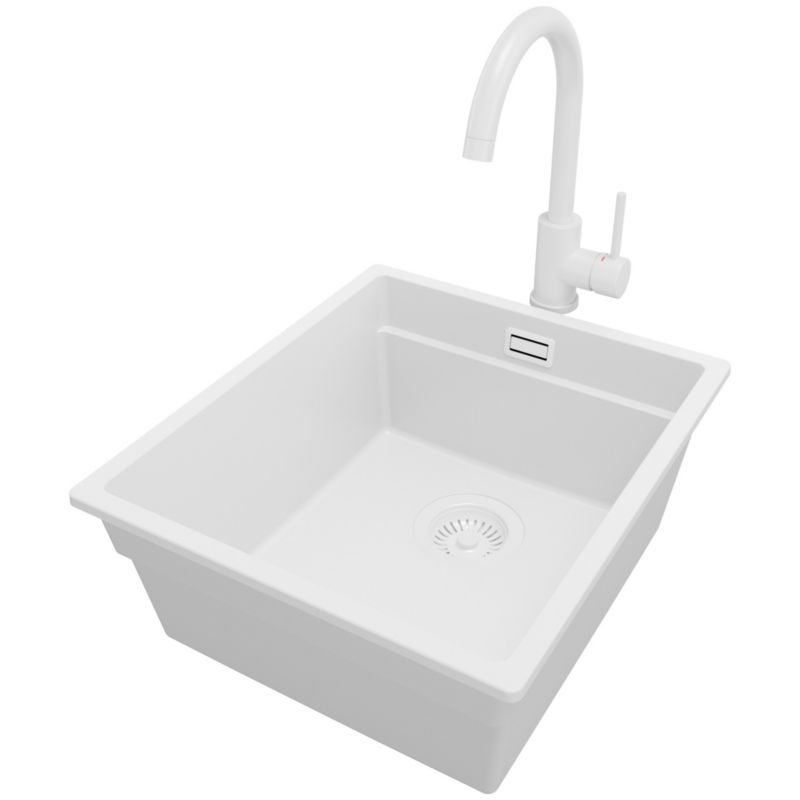 Zlewozmywak Granitowy Praga Slim PRIMAGRAN Nablatowy 41x47cm do szafki od 45cm z Syfonem i Baterią Cały Biały 1 szt.