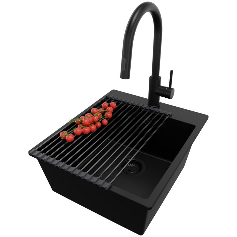 Zlewozmywak Granitowy Ryga PRIMAGRAN Nablatowy 43x50cm do szafki od 45cm z Syfonem i Baterią i Dodatkiem Cały Czarny 1 szt.