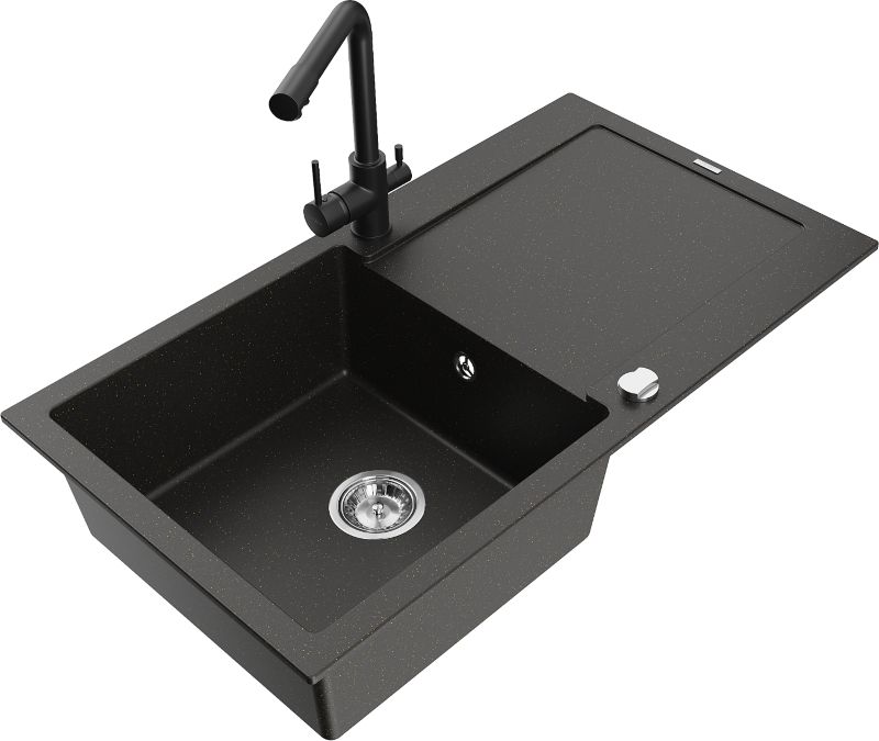 Zlewozmywak granitowy Mexen Leo 1-komorowy z ociekaczem i baterią kuchenną Duero czarny/złoty 6501-75-671600-70