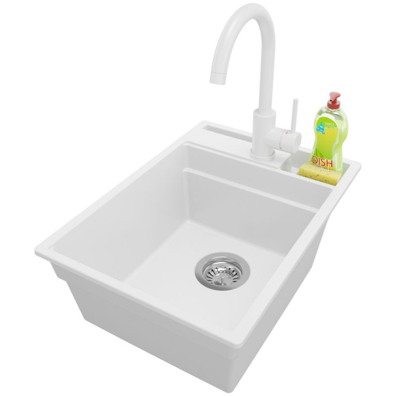 Zlewozmywak Granitowy Oslo Pocket PRIMAGRAN Nablatowy 38x53cm do szafki od 40cm z Syfonem i Baterią Biały 1 szt.