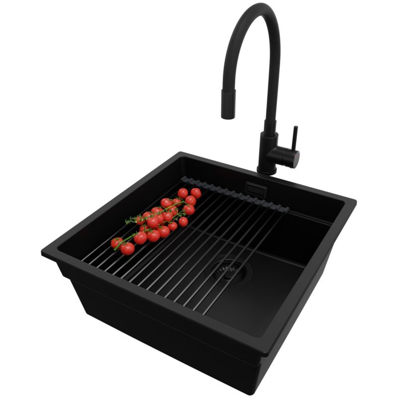 Zlewozmywak Granitowy Praga Slim PRIMAGRAN Nablatowy 46x47cm, Cały Czarny + Bateria + Syfon + Akcesorium, S210, 1 szt.