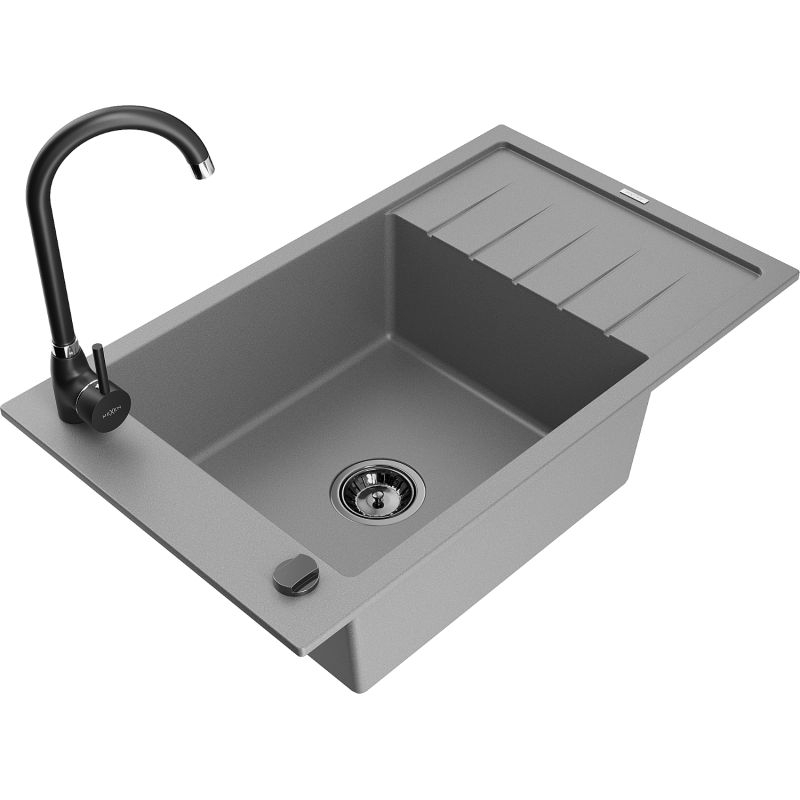 Zlewozmywak granitowy 1-komorowy Mexen Elias z ociekaczem i baterią kuchenną Telma szary 6511-71-670200-70-B