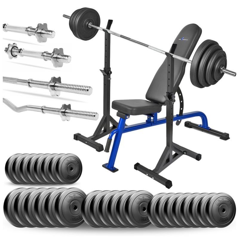 Zestaw do ćwiczeń siłowych 173 kg z ławką treningową, gryfami, obciążeniem 120kg zestaw