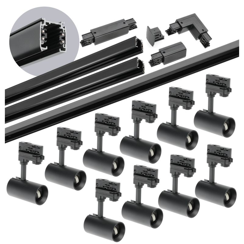 Oświetlenie szynowe 3-fazowy Kobi 1m+1m+2m, 10x Lampa, łącznik I + L czarny 1kpl.