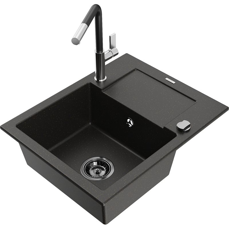 Zlewozmywak granitowy 1-komorowy Mexen Enzo z ociekaczem i baterią kuchenną Flora czarny/złoty metalik 6506-75-670401-07-B