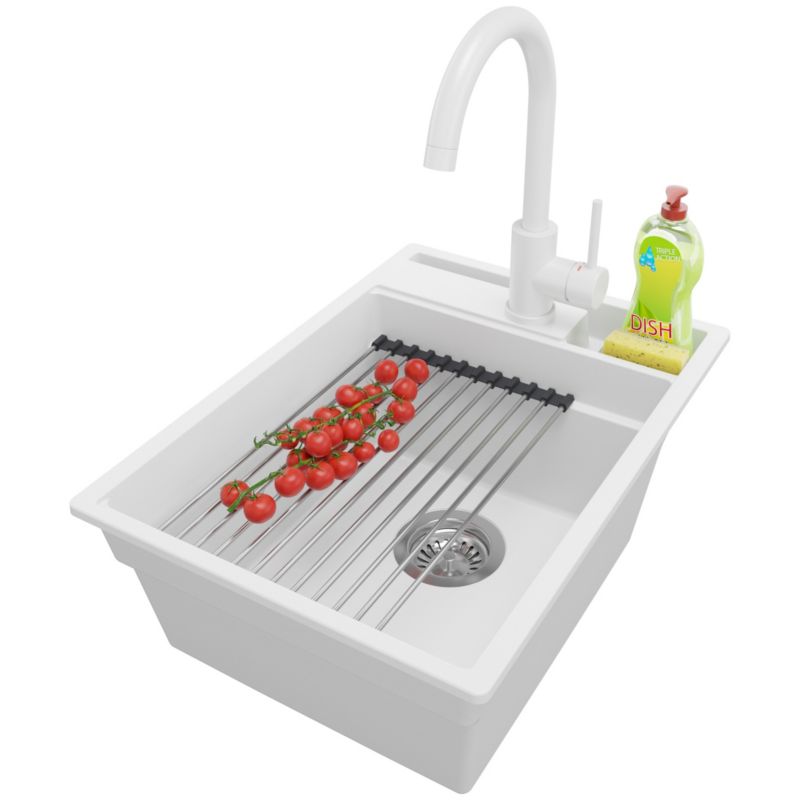 Zlewozmywak Granitowy Oslo Pocket PRIMAGRAN Nablatowy 38x53cm do szafki od 40cm z Syfonem i Baterią i Dodatkiem Biały 1 szt.