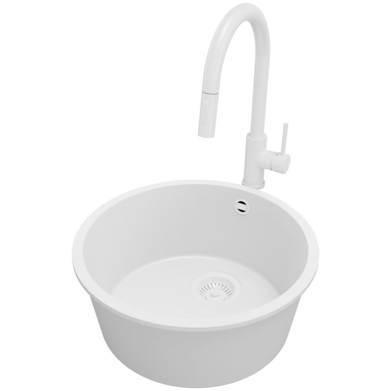 Zlewozmywak Granitowy Okrągły Valetta Slim PRIMAGRAN Nablatowy 46x46cm, Cały Biały + Bateria + Syfon, S022, 1 szt.