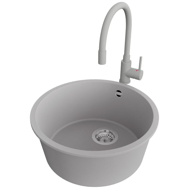 Zlewozmywak Granitowy Okrągły Valetta Slim PRIMAGRAN Nablatowy 46x46cm do szafki od 50cm, Szary + Bateria + Syfon, S031, 1 szt.