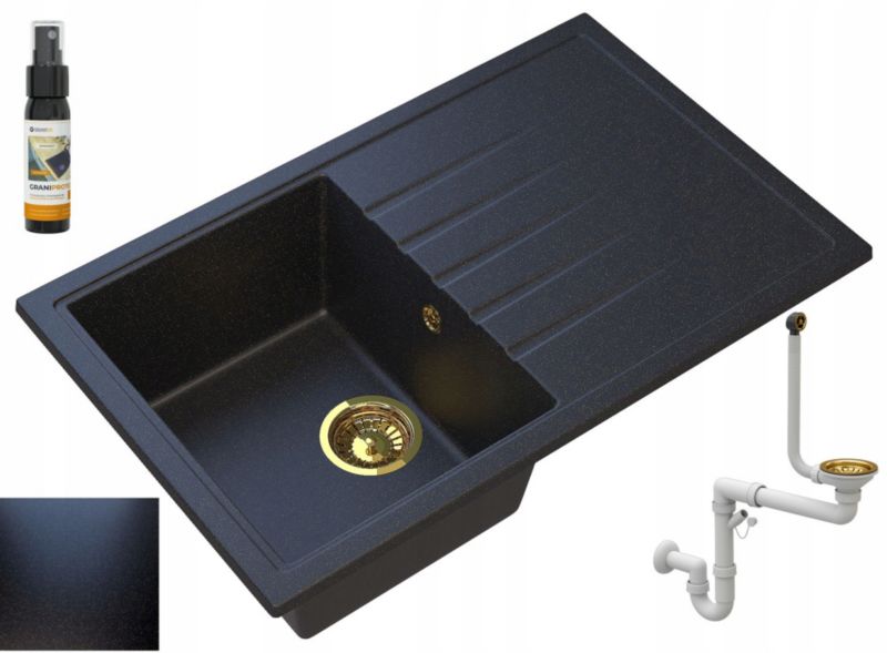 Zlewozmywak Granitowy Granitan Jednokomorowy Z Ociekaczem Eris Czarny Z Złotymi Drobinkami Syfon Złoty 1 Kpt.