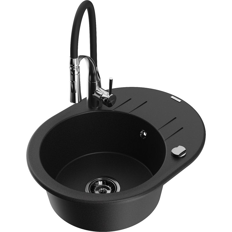 Zlewozmywak granitowy 1-komorowy Mexen Kevin z ociekaczem i baterią kuchenną Aster czarny - 6517-77-73450-07 1 szt.