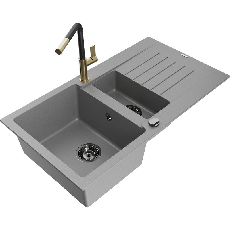 Zlewozmywak granitowy 1.5-komorowy Mexen Matias z ociekaczem i baterią kuchenną Flora szary 6502-71-670401-57-B