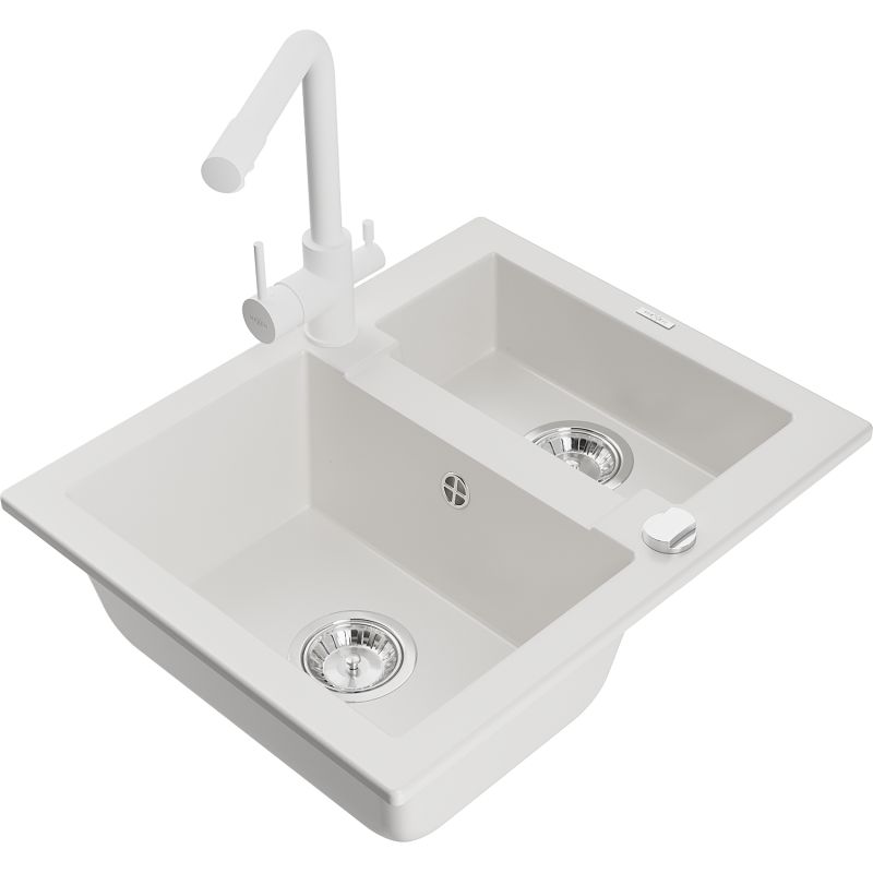 Zlewozmywak granitowy 1.5-komorowy Mexen Carlos z baterią kuchenną Duero biały 6518-20-671600-20