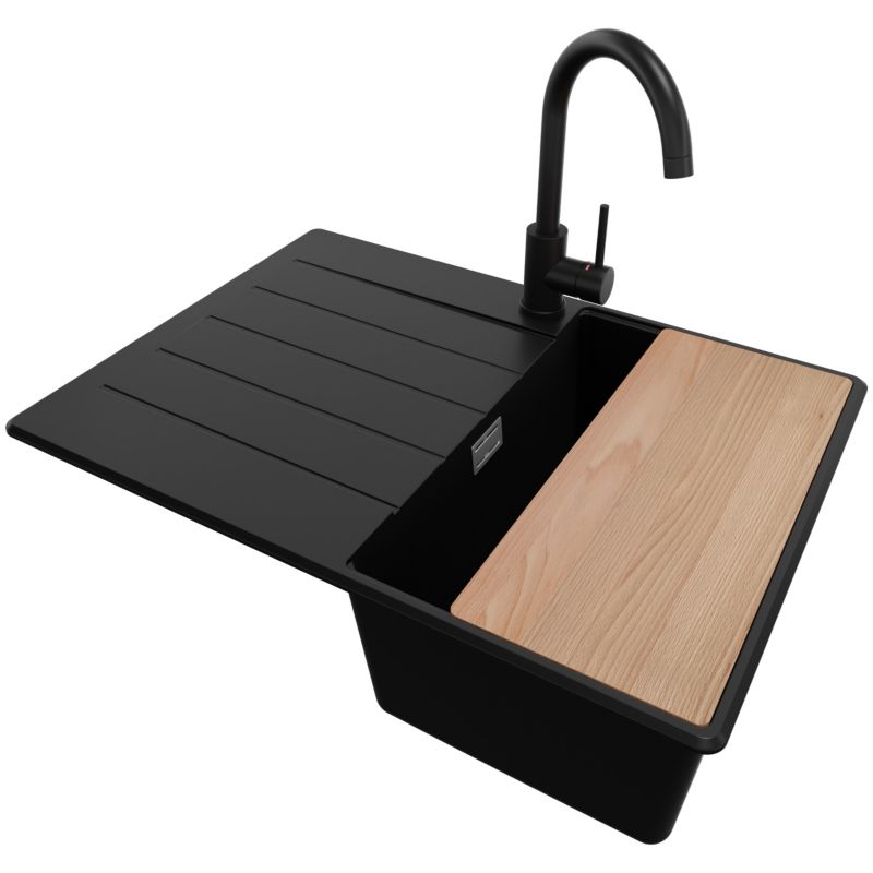 Zlewozmywak Granitowy Kopenhaga PRIMAGRAN Nablatowy 70x50cm do szafki od 40cm, Czarny + Bateria + Syfon + Deska, S161, 1 szt.