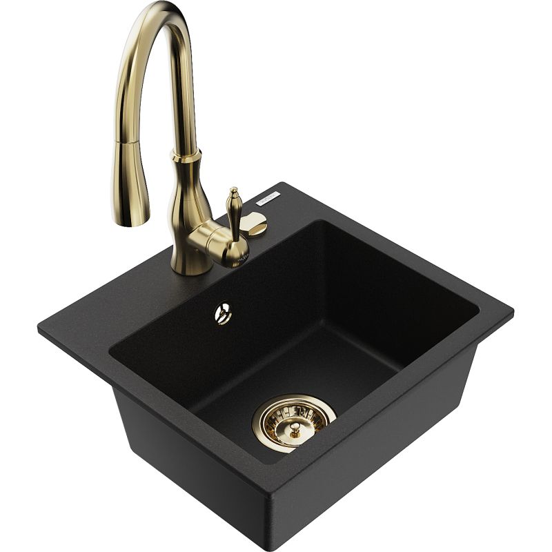 Zlewozmywak granitowy 1-komorowy Mexen Milo z baterią kuchenną Savita czarny - 6505-77-672601-00 1 szt.