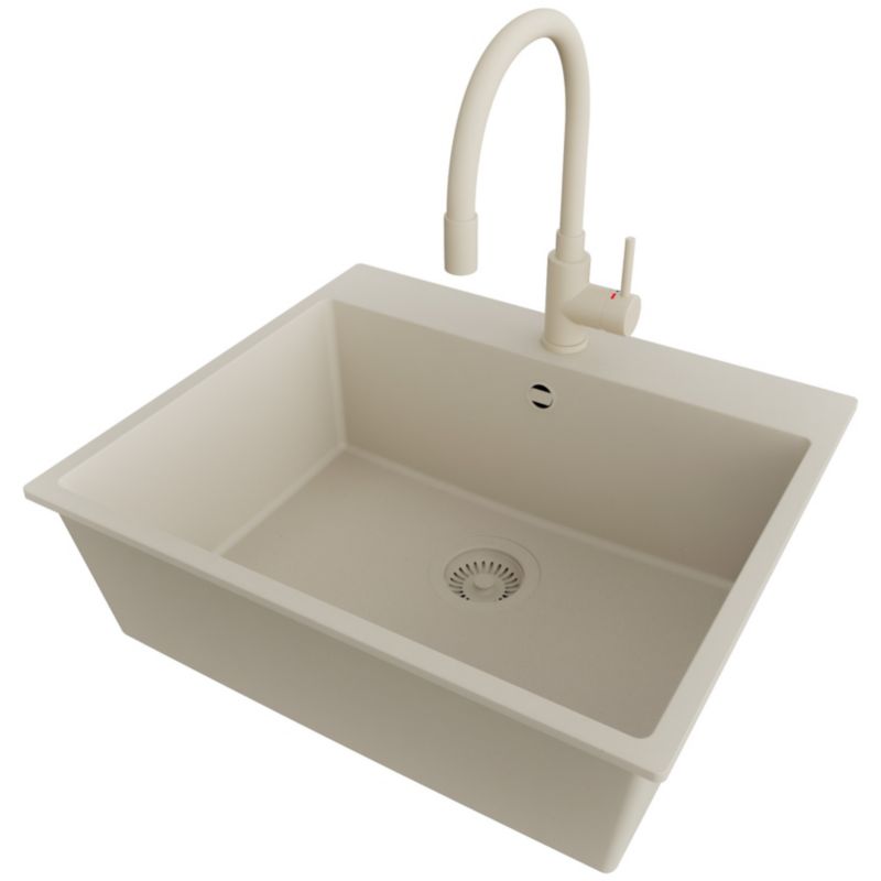 Zlewozmywak Granitowy Ryga PRIMAGRAN Nablatowy 58x50cm do szafki od 60cm, Beżowy + Bateria 38x14cm + Syfon, S338, 1 szt.