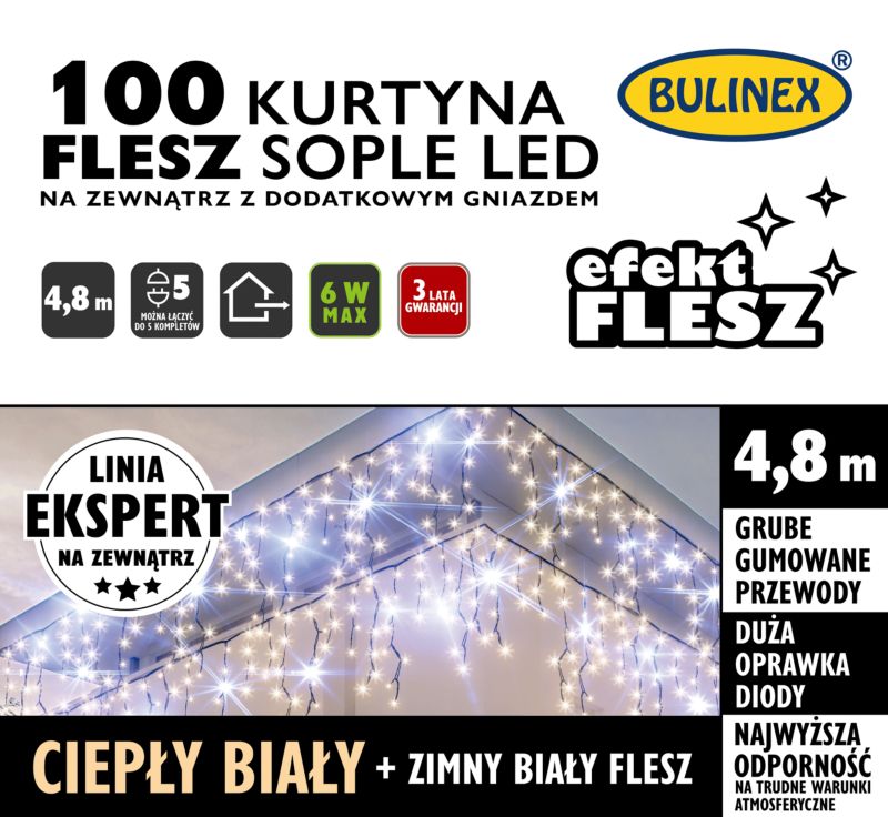 Kurtyna zewnętrzna 100 LED Bulinex sople flesz 4,8 m z dodatkowym gniazdem ciepła biała / zimna biała