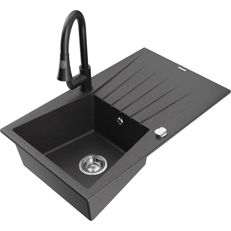Zlewozmywak granitowy 1-komorowy Mexen Cesar z ociekaczem i baterią kuchenną Elia czarny nakrapiany 6514-76-670101-70