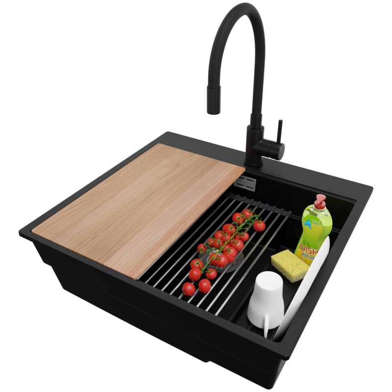 Zlewozmywak Granitowy Oslo Max PRIMAGRAN Nablatowy 58x53cm do szafki od 60cm, Czarny + Bateria + Syfon + Akcesoria, S049, 1 szt.