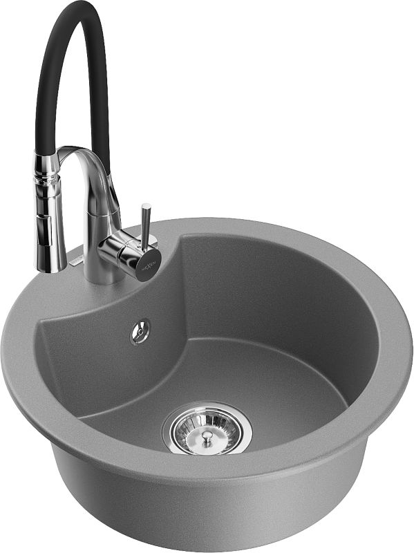 Zlewozmywak granitowy Mexen Diego 1-komorowy z baterią kuchenną Aster szary 6512-71-73450-07