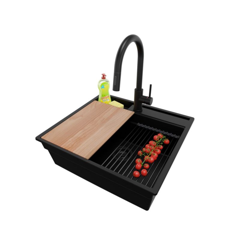 Zlewozmywak Granitowy Oslo Pocket PRIMAGRAN Nablatowy 58x53cm, Cały Czarny + Bateria + Syfon + Akcesorium, S235, 1 szt.