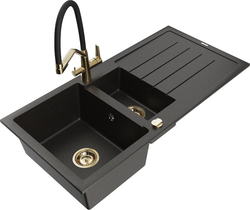 Zlewozmywak granitowy Mexen Andres 1,5-komorowy z ociekaczem i baterią kuchenną Duo czarny/złoty 6515-75-671701-57-G