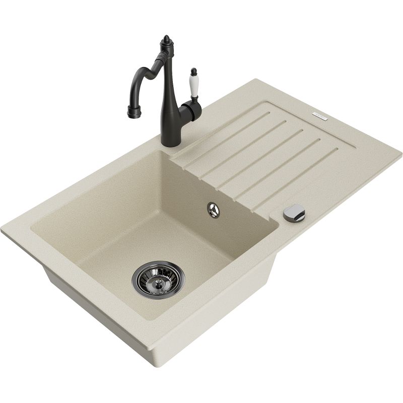 Zlewozmywak granitowy 1-komorowy Mexen Pablo z ociekaczem i baterią kuchenną Carla biały - 6510-20-670700-70 1 szt.