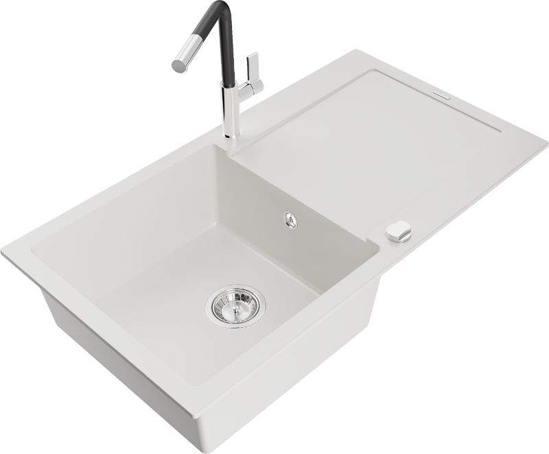 Zlewozmywak granitowy Mexen Leo 1-komorowy z ociekaczem i baterią kuchenną Flora biały - 6501-20-670401-06 1 szt.