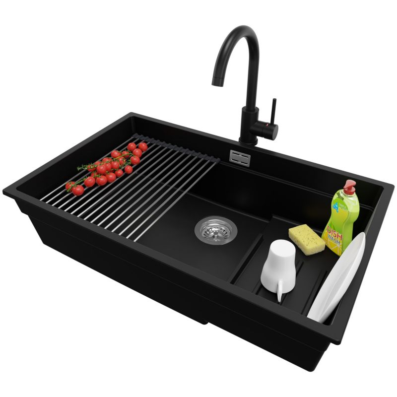 Zlewozmywak podblatowy Praga PRIMAGRAN 76x47cm do szafki od 80cm, Czarny + Bateria + Syfon + Zwijany ociekacz, S608, 1 szt.