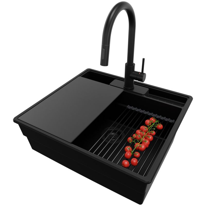 Zlewozmywak Granitowy Nowy Jork PRIMAGRAN Nablatowy 58x53cm, Cały Czarny + Bateria + Syfon + Akcesorium, S059, 1 szt.