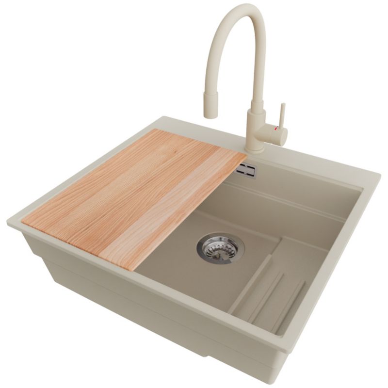 Zlewozmywak Granitowy Oslo Max PRIMAGRAN Nablatowy 58x53cm do szafki od 60cm, Beżowy + Bateria + Syfon + Akcesoria, S052, 1 szt.